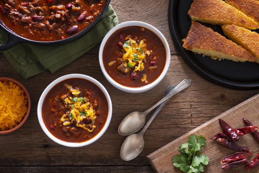 Bowls of Homemade Chili with Corn Bread