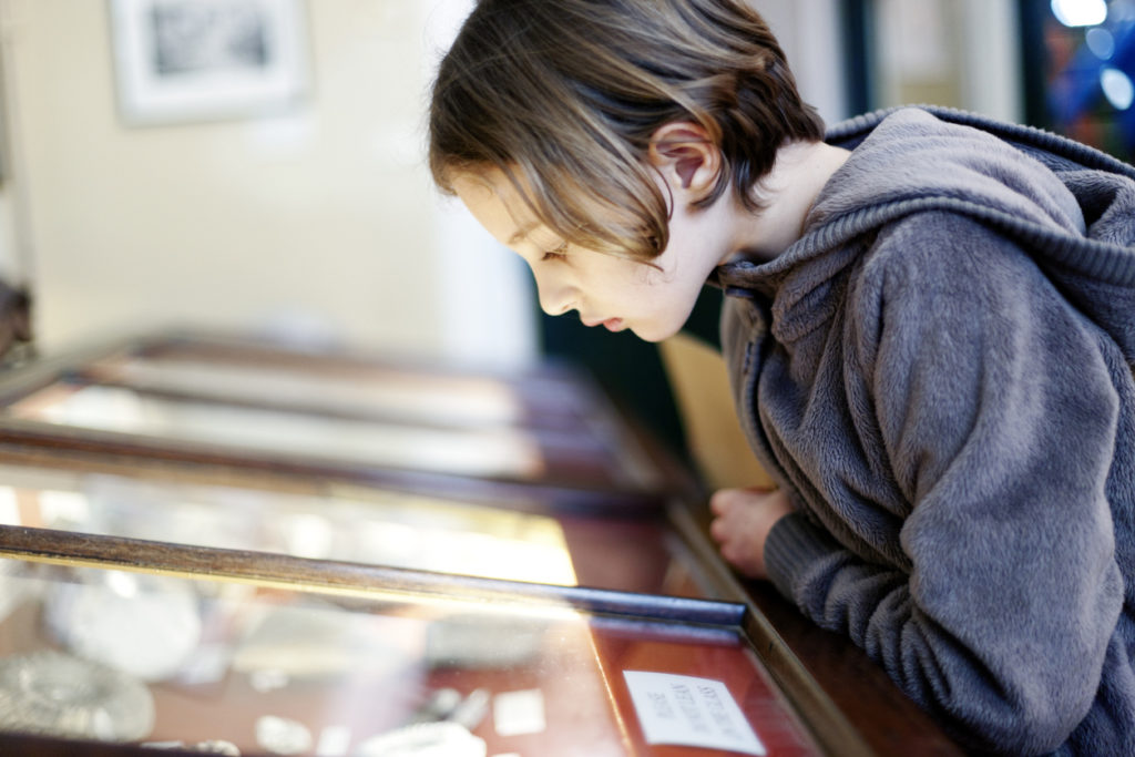 young girl looking at an exhibit in a glass display case in a museum